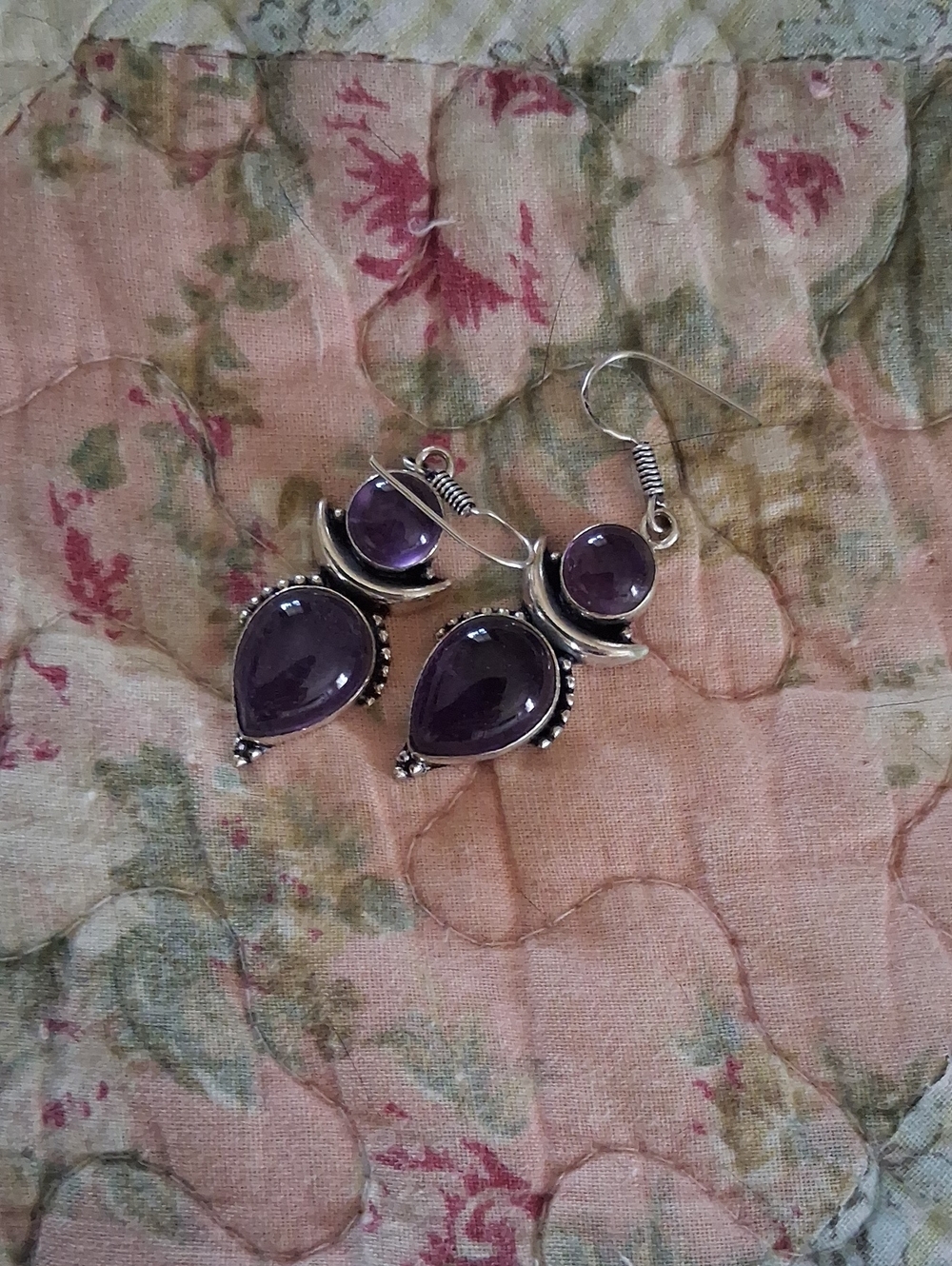 Purple Amethyst Gemstone Sun and Lunar Crescent Moon Earrings (66 11952)